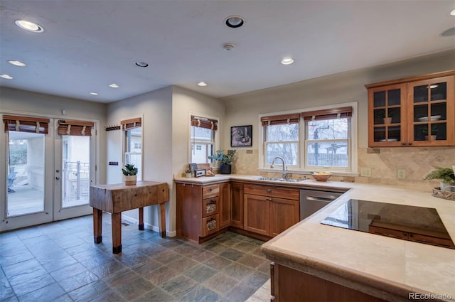 kitchen featuring tasteful backsplash, sink, black electric cooktop, and dishwasher