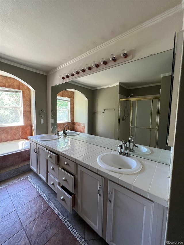 full bath with a sink, a wealth of natural light, and crown molding