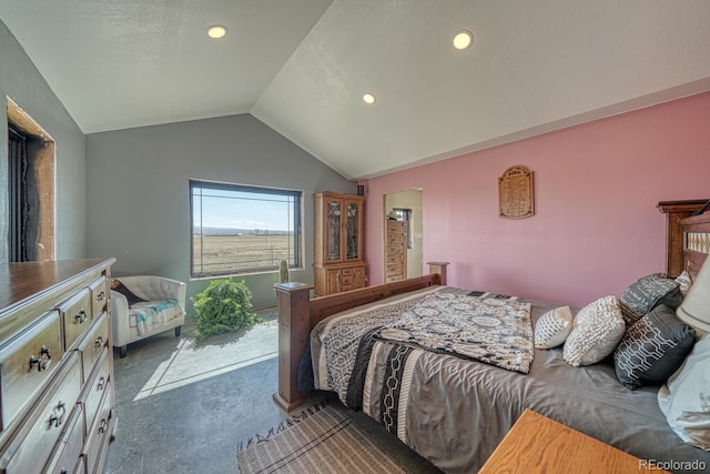 carpeted bedroom featuring vaulted ceiling and recessed lighting
