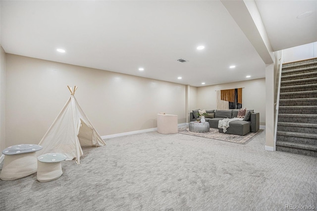 playroom featuring recessed lighting, baseboards, and carpet floors