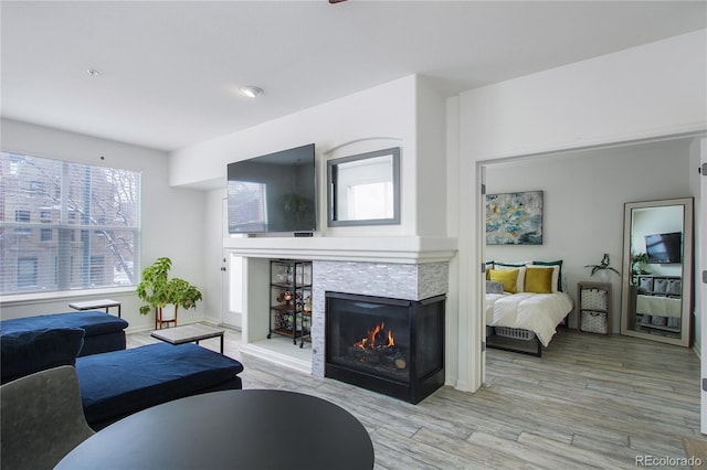 living room featuring a fireplace and light wood-type flooring