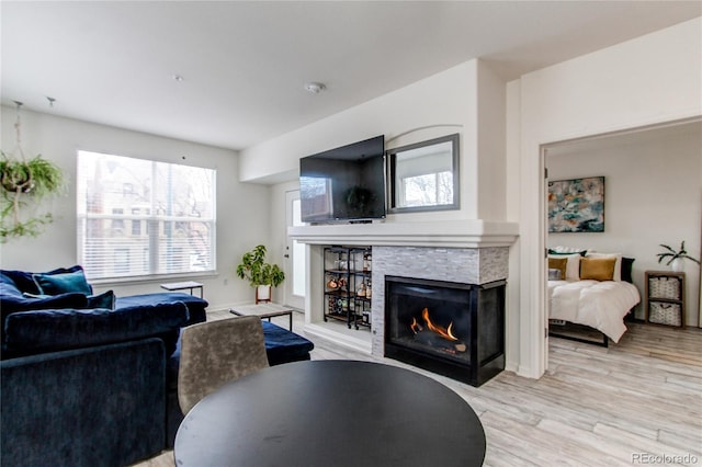 living room featuring a multi sided fireplace and light hardwood / wood-style floors