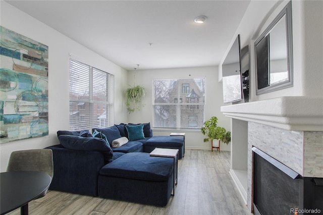 living room with a stone fireplace, light hardwood / wood-style floors, and a healthy amount of sunlight