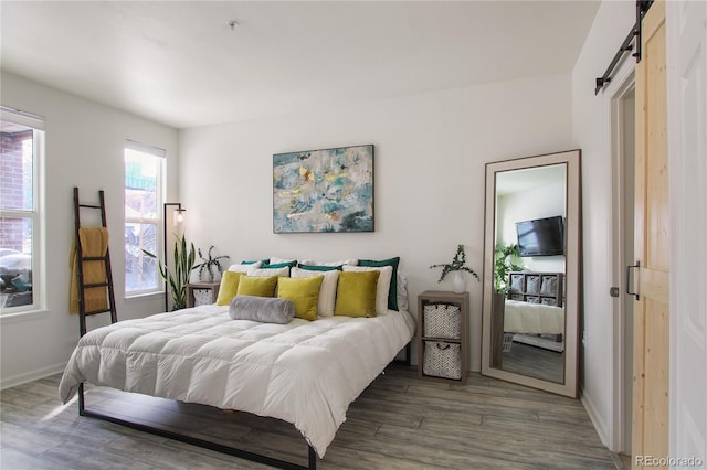 bedroom with dark hardwood / wood-style floors and a barn door