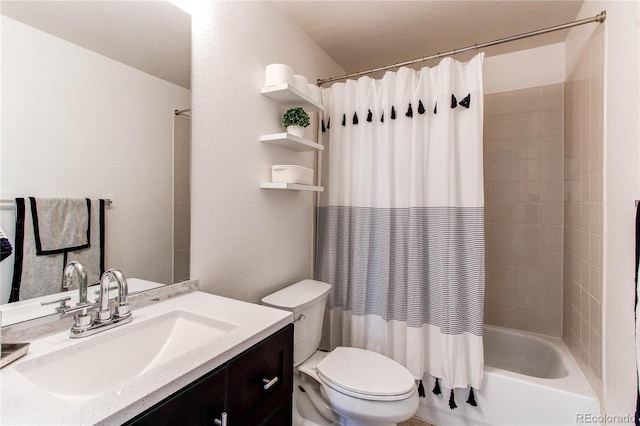 full bathroom with vanity, toilet, and shower / bath combo with shower curtain