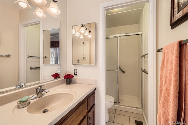 9925 W Progress Pl, Littleton, CO 80123 - bathroom with tile patterned floors, toilet, a stall shower, and vanity
