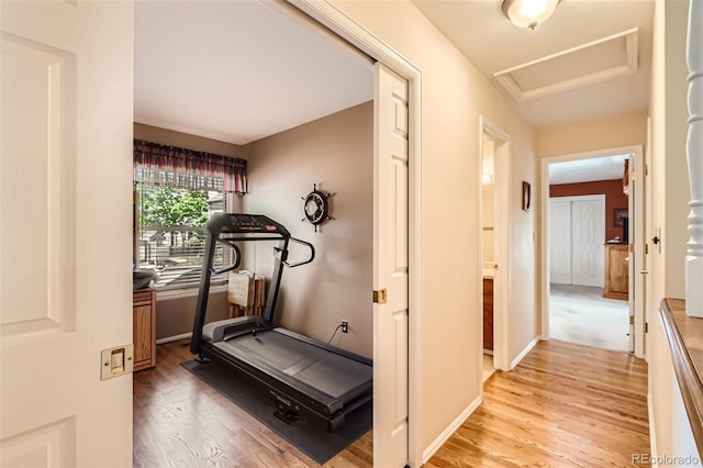 9925 W Progress Pl, Littleton, CO 80123 - workout room featuring light wood finished floors and attic access