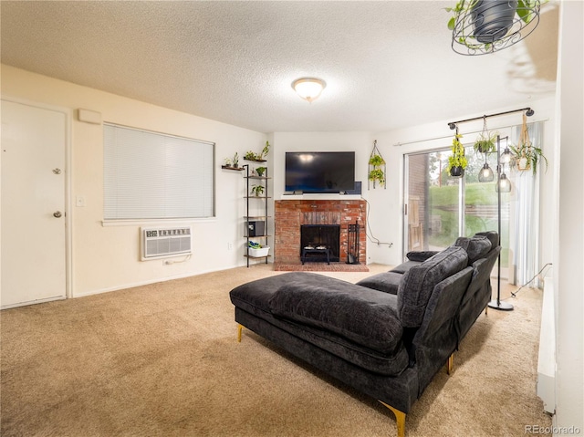 14590 E 2nd Ave Unit 105B, Aurora, CO 80011 - living room with carpet, an AC wall unit, a fireplace, and a textured ceiling