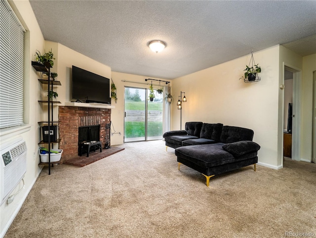 14590 E 2nd Ave Unit 105B, Aurora, CO 80011 - living room with carpet floors, a textured ceiling, and a fireplace