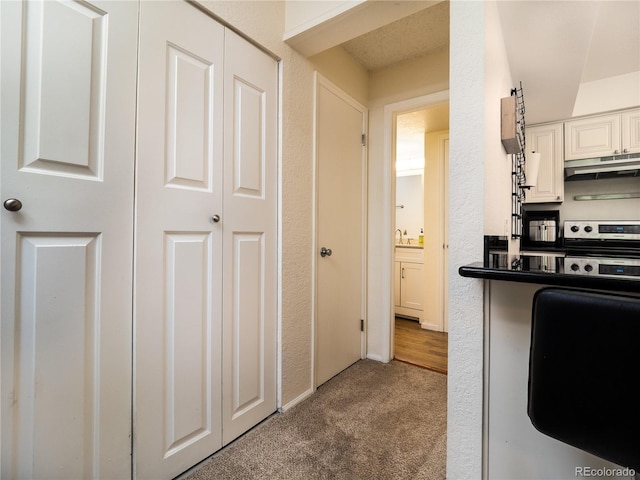 14590 E 2nd Ave Unit 105B, Aurora, CO 80011 - kitchen with stainless steel electric stove, under cabinet range hood, carpet, dark countertops, and white cabinetry