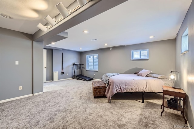 bedroom with light carpet