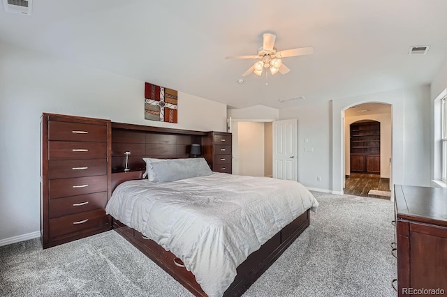 bedroom with light colored carpet and ceiling fan