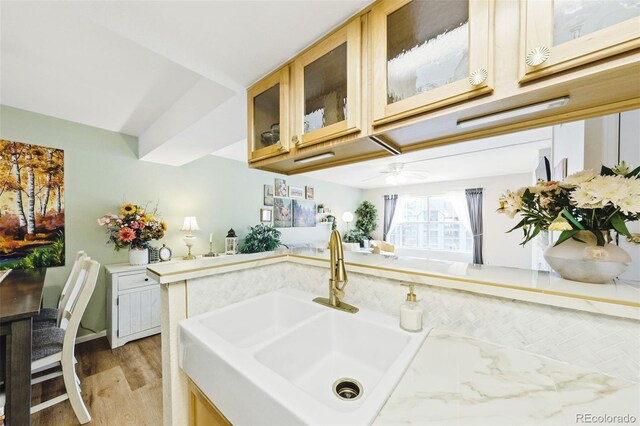 kitchen with glass insert cabinets, light countertops, a sink, and light wood-style flooring