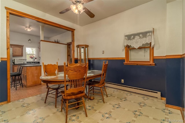 dining room with ceiling fan and a baseboard heating unit