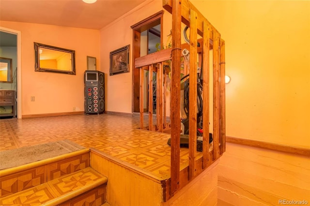 staircase featuring heating unit, lofted ceiling, and parquet flooring