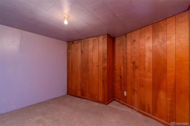 carpeted spare room featuring wood walls