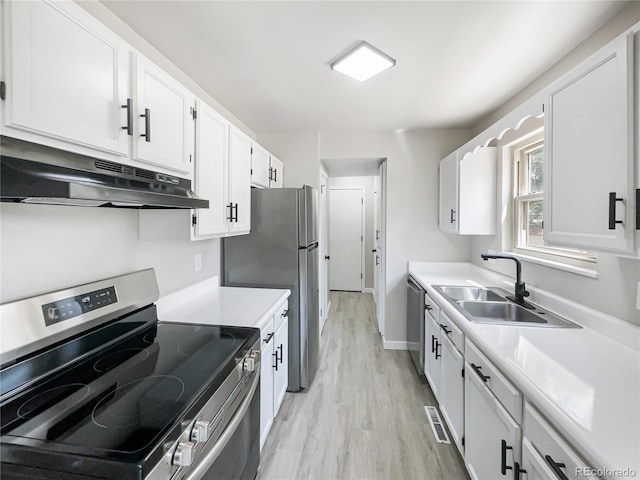 kitchen featuring appliances with stainless steel finishes, sink, white cabinets, and light hardwood / wood-style flooring