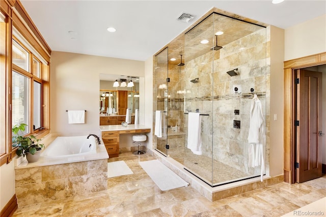 6455 Dakota Ridge Dr, Golden, CO 80403 - full bathroom featuring a shower stall, a bath, vanity, and recessed lighting