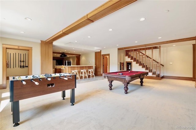 6455 Dakota Ridge Dr, Golden, CO 80403 - rec room with billiards table, carpet, a dry bar, recessed lighting, and baseboards