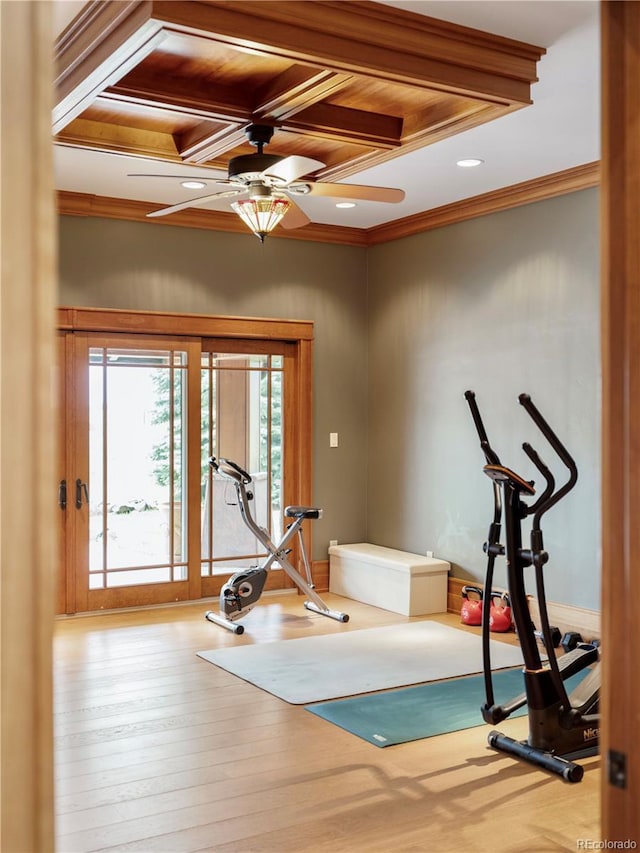 6455 Dakota Ridge Dr, Golden, CO 80403 - workout room with crown molding, a ceiling fan, wood finished floors, coffered ceiling, and baseboards