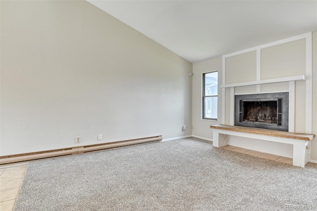 1419 Territory Trl, Colorado Springs, CO 80919 - unfurnished living room with a baseboard radiator, a fireplace with raised hearth, vaulted ceiling, carpet flooring, and tile patterned floors