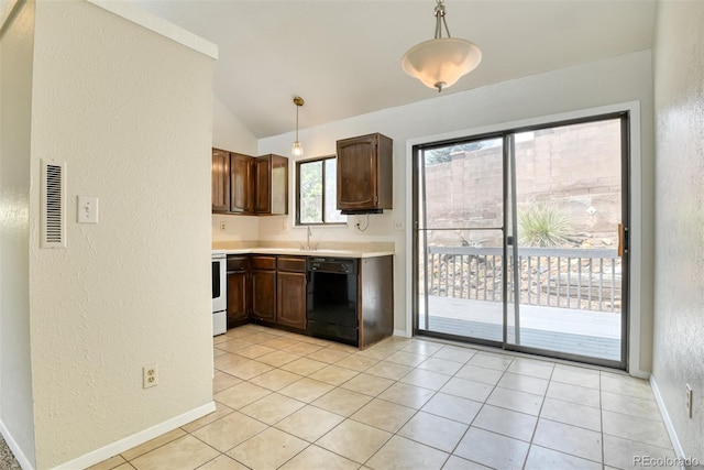 1419 Territory Trl, Colorado Springs, CO 80919 - kitchen with dishwasher, a textured wall, lofted ceiling, light countertops, and a sink