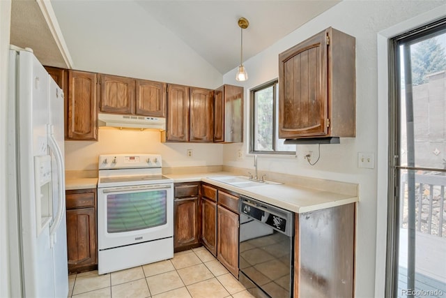1419 Territory Trl, Colorado Springs, CO 80919 - kitchen with white appliances, under cabinet range hood, a sink, lofted ceiling, and light countertops