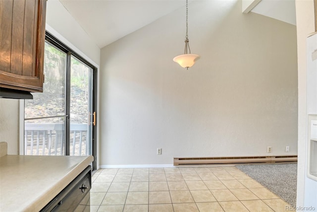 1419 Territory Trl, Colorado Springs, CO 80919 - unfurnished dining area with lofted ceiling, a baseboard heating unit, baseboards, and light tile patterned flooring