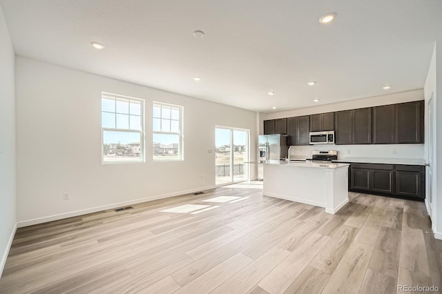 kitchen featuring light wood finished floors, appliances with stainless steel finishes, visible vents, and recessed lighting