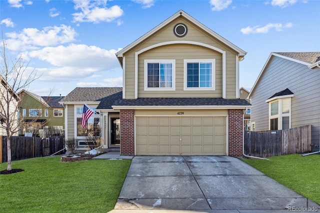 traditional-style house featuring an attached garage, brick siding, fence, concrete driveway, and a front lawn