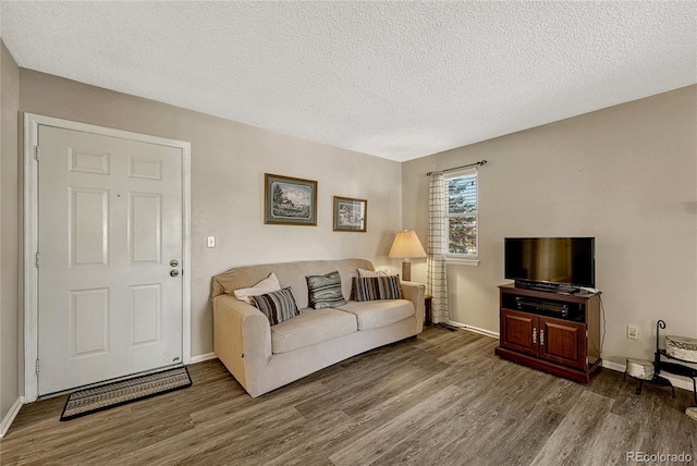 living room with hardwood / wood-style floors and a textured ceiling