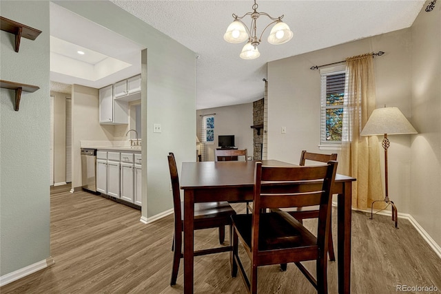 dining area with sink, a textured ceiling, and light wood-type flooring