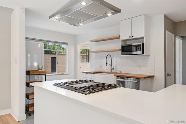1579 Fairfax St, Denver, CO 80220 - kitchen with stainless steel appliances, extractor fan, butcher block counters, white cabinets, and decorative backsplash