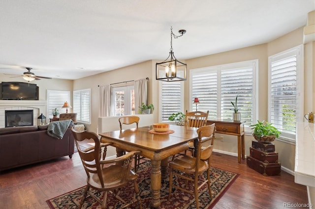 dining room with a ceiling fan, dark wood-style flooring, and a healthy amount of sunlight