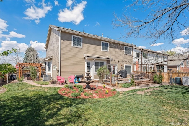 back of house with a lawn, a fenced backyard, a pergola, and central AC unit