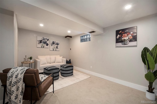 living room featuring recessed lighting, baseboards, visible vents, and carpet floors