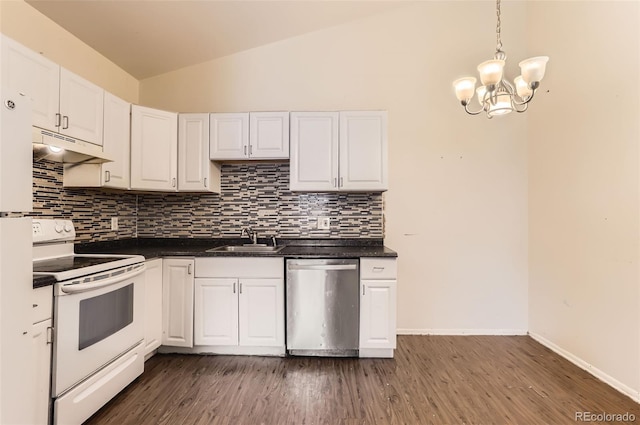9061 Osceola St, Westminster, CO 80031 - kitchen with stainless steel dishwasher, white electric range, under cabinet range hood, a sink, and decorative backsplash