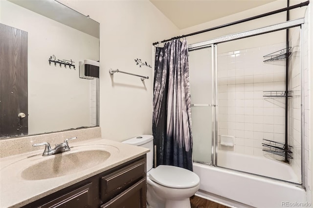 9061 Osceola St, Westminster, CO 80031 - full bathroom with toilet, shower / bath combo, vanity, and wood finished floors