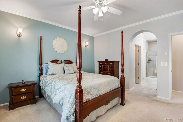15501 E 112th Ave Unit 33D, Commerce City, CO 80022 - bedroom with arched walkways, baseboards, ornamental molding, and light carpet