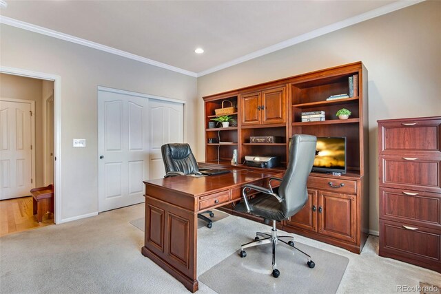 15501 E 112th Ave Unit 33D, Commerce City, CO 80022 - office featuring recessed lighting, baseboards, light carpet, and ornamental molding