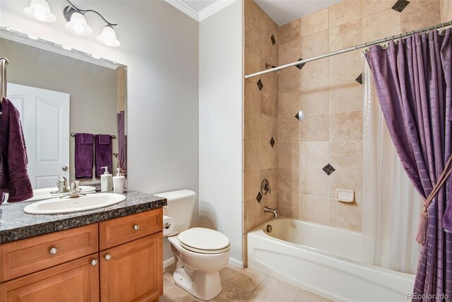 15501 E 112th Ave Unit 33D, Commerce City, CO 80022 - bathroom with vanity, ornamental molding, toilet, shower / bathtub combination with curtain, and tile patterned floors
