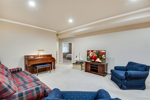 15501 E 112th Ave Unit 33D, Commerce City, CO 80022 - carpeted living room featuring recessed lighting, ornamental molding, and baseboards