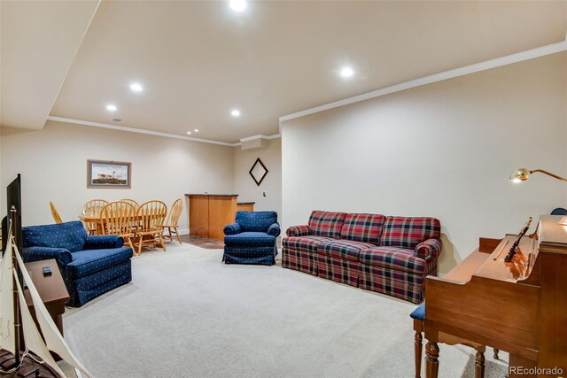 15501 E 112th Ave Unit 33D, Commerce City, CO 80022 - living area featuring carpet floors, recessed lighting, and ornamental molding