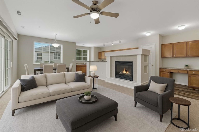 5255 Memphis St Unit 1009, Denver, CO 80239 - living area with carpet floors, a fireplace, ceiling fan, and track lighting