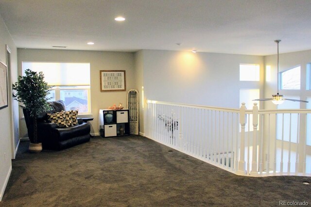 sitting room with recessed lighting, baseboards, a ceiling fan, and carpet floors