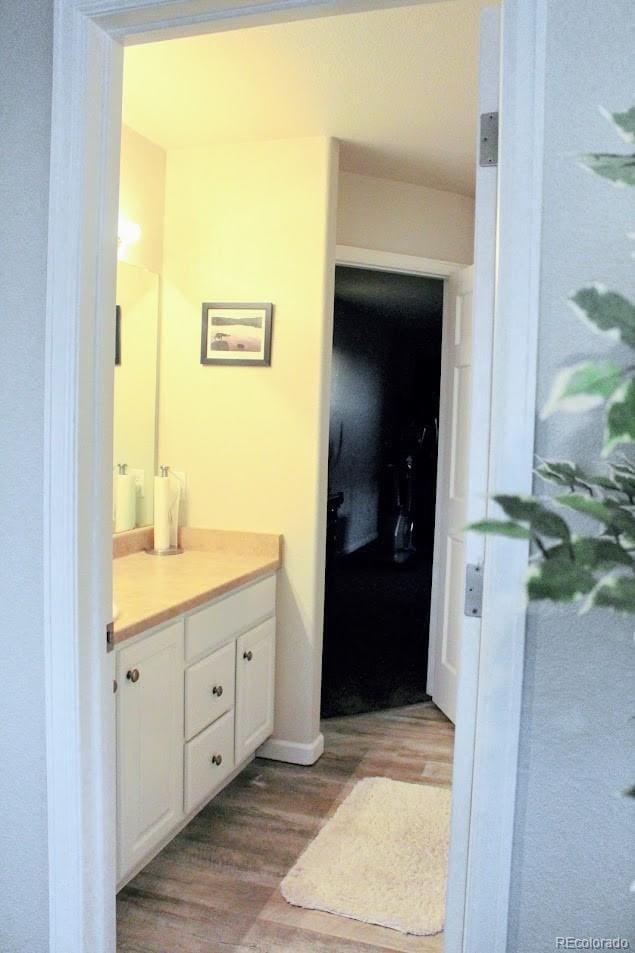 bathroom featuring vanity and wood finished floors