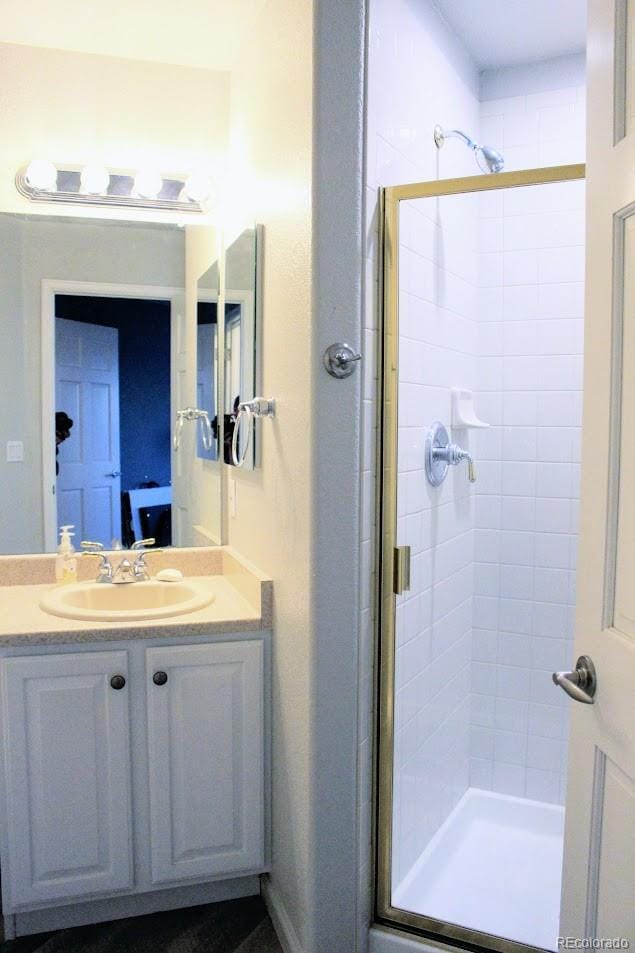 bathroom with vanity and a shower stall