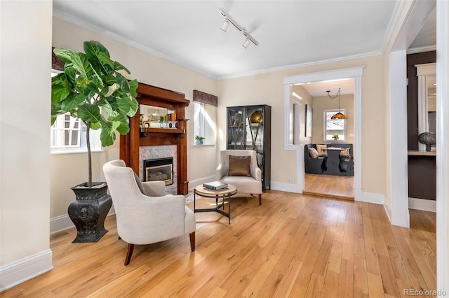 sitting room featuring a high end fireplace, rail lighting, hardwood / wood-style floors, baseboards, and ornamental molding