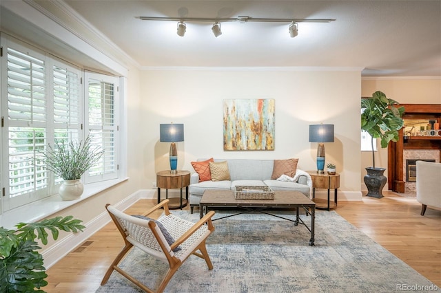 433 N Ogden St, Denver, CO 80218 - living area with wood finished floors, rail lighting, baseboards, and crown molding