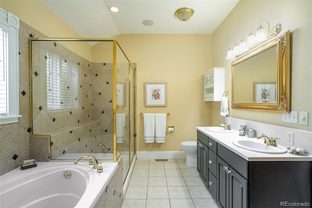 433 N Ogden St, Denver, CO 80218 - full bathroom featuring double vanity, a stall shower, a garden tub, tile patterned floors, and toilet